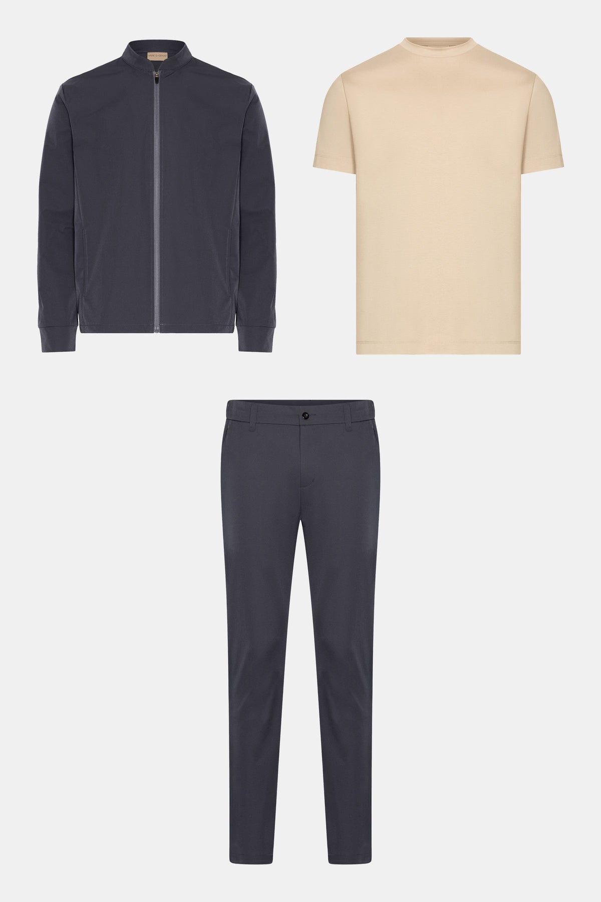 The Studio Edit - Classcom Vest and Classcom Pants in anthracite with the Mercerised Cotton T-shirt in beige - HARK & GRAAF